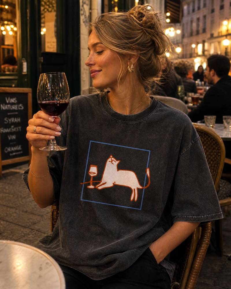 オレンジの猫とワインのユニセックスTシャツ