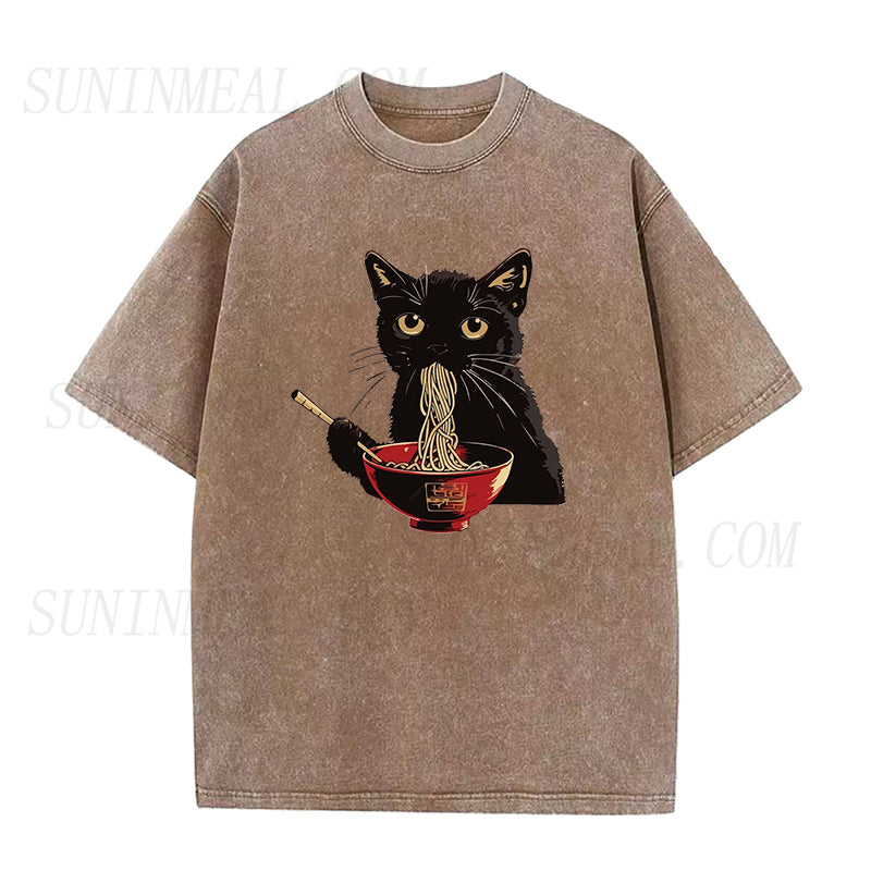 Cute Black Cat Eating Ramen Unisex Tee