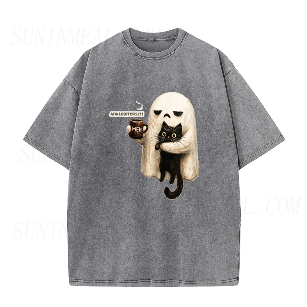 Ghost Black Cat Coffee Halloween Unisex Tee
