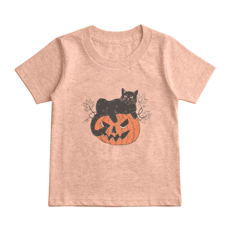 Black Cat on Pumpkin Kids T-Shirt