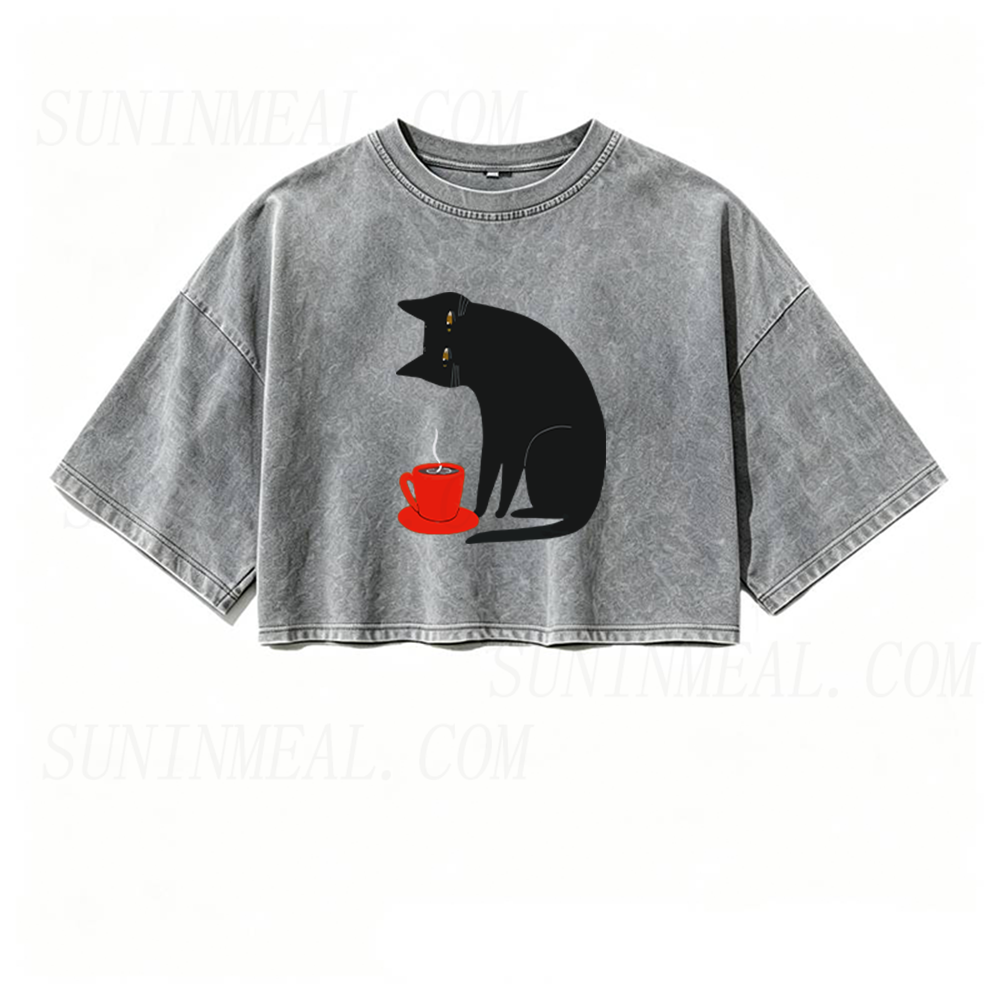 Black Cat Red Cup Oversized Crop Tee