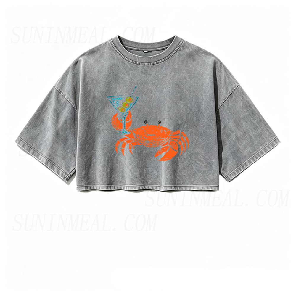 Funny Crab Holding Cocktail Oversized Crop Tee