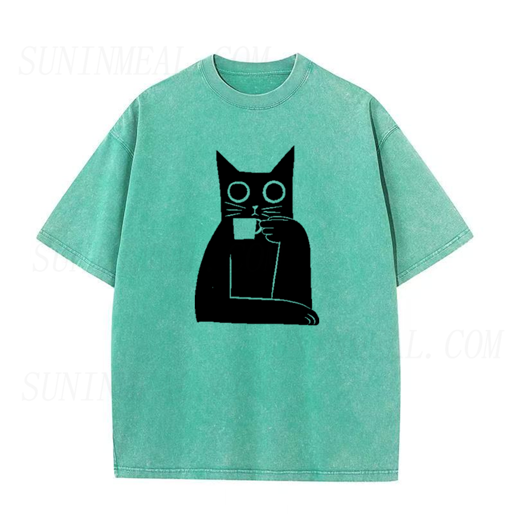 Black Cat Drinking Coffee Unisex Tee