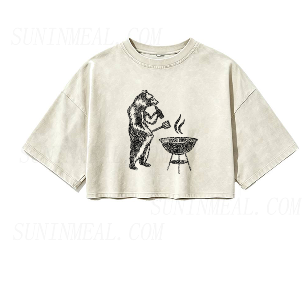 Wild Grizzly Bear BBQ Oversized Crop Tee