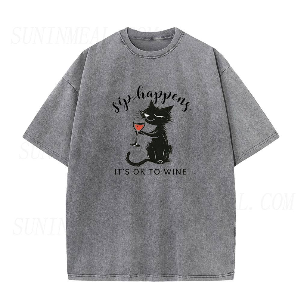 It's Ok To Wine Funny Cat Drinking Wine Unisex Tee