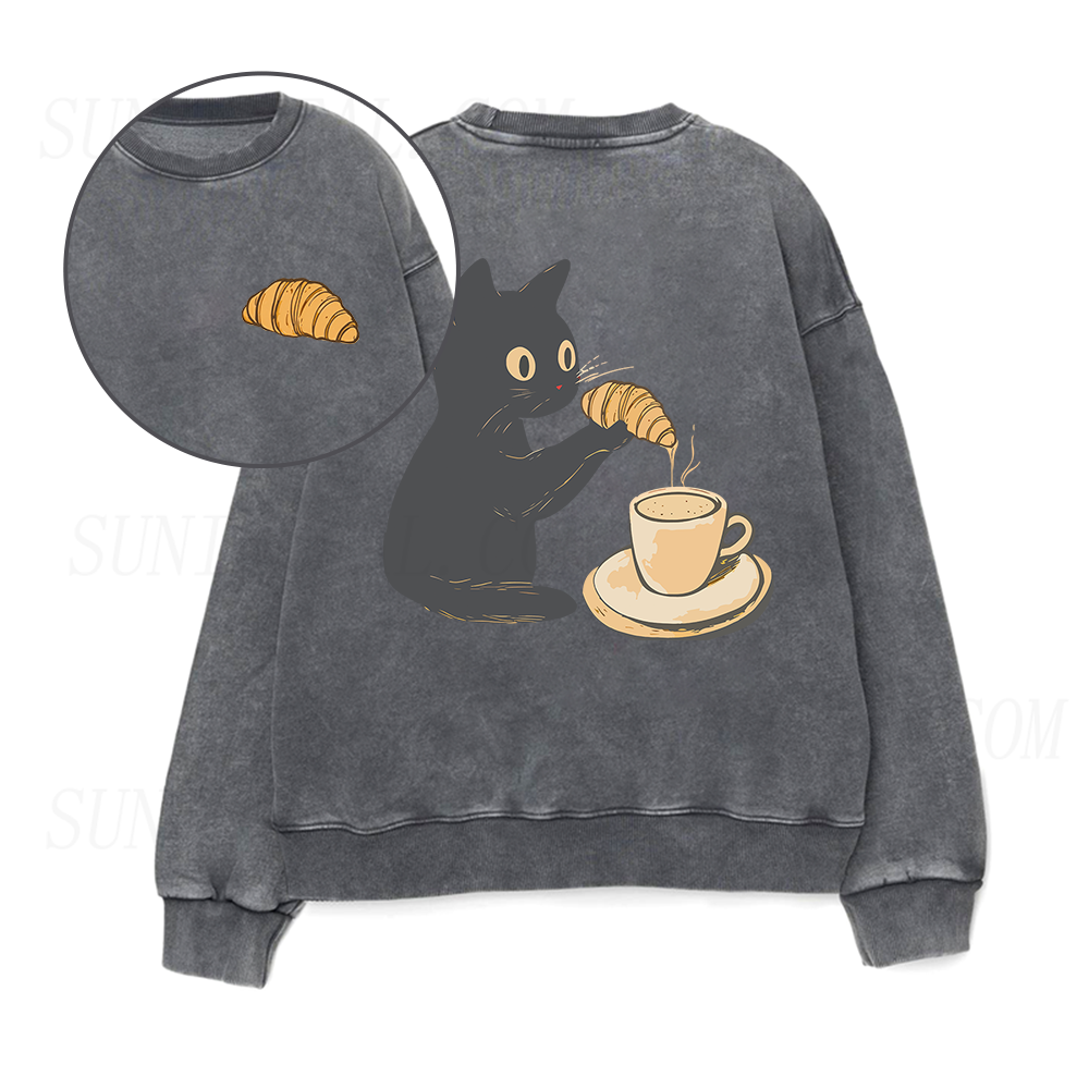 Cat Dipping Croissant in Coffee Unisex Crewneck Sweatshirt