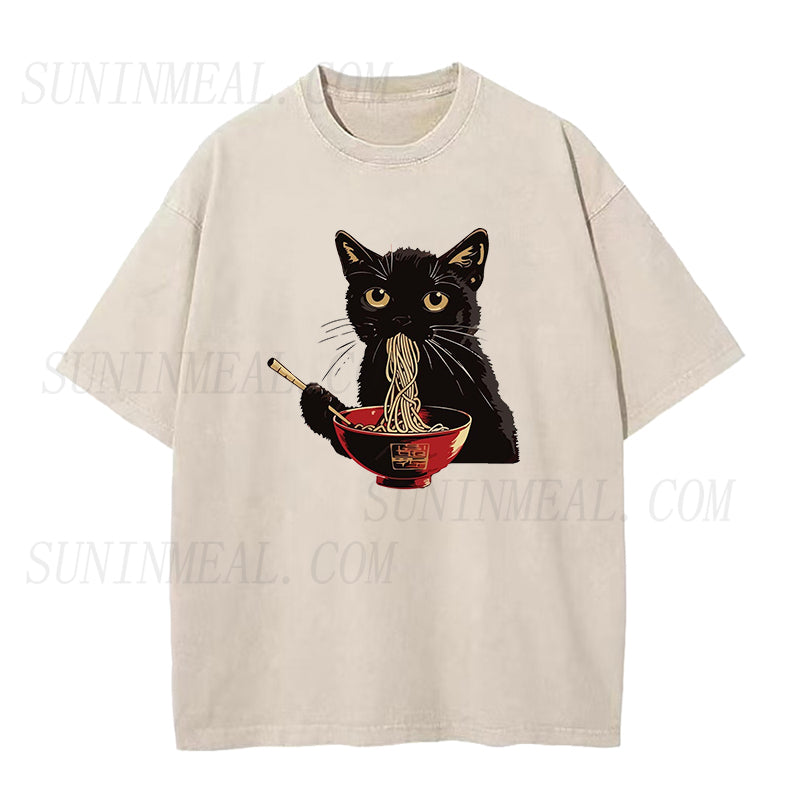 Cute Black Cat Eating Ramen Unisex Tee