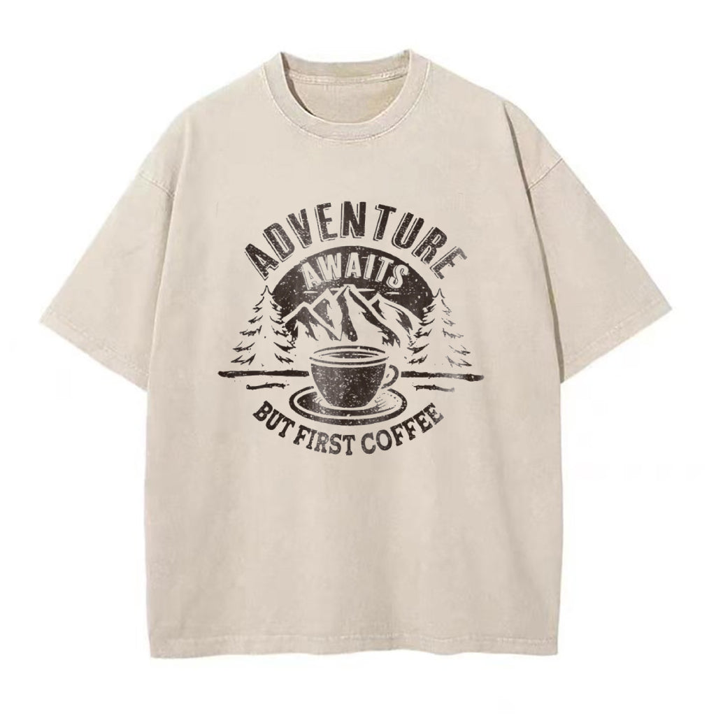 Adventure Awaits Mountain But First Coffee Unisex Tee
