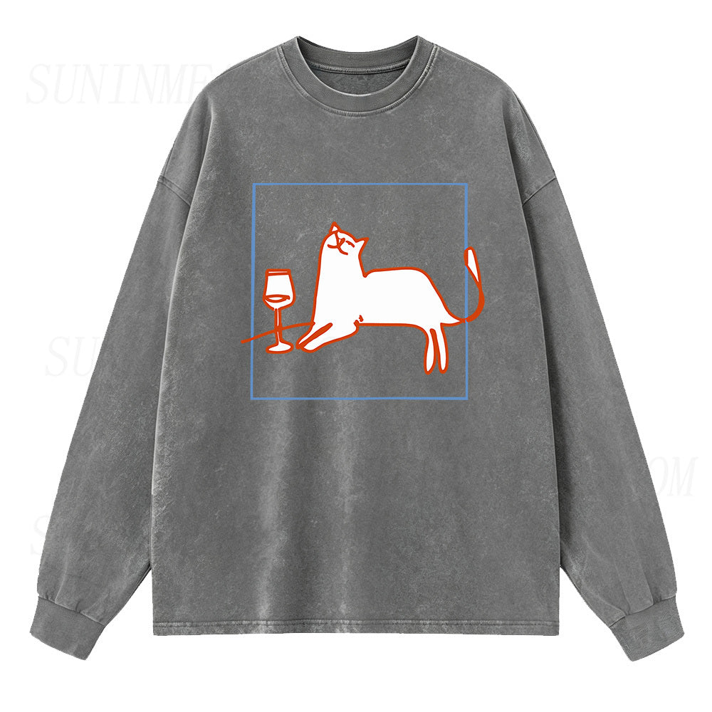 Orange Cat with Wine Long Sleeve Unisex Tee