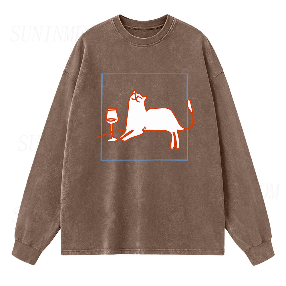 Orange Cat with Wine Long Sleeve Unisex Tee