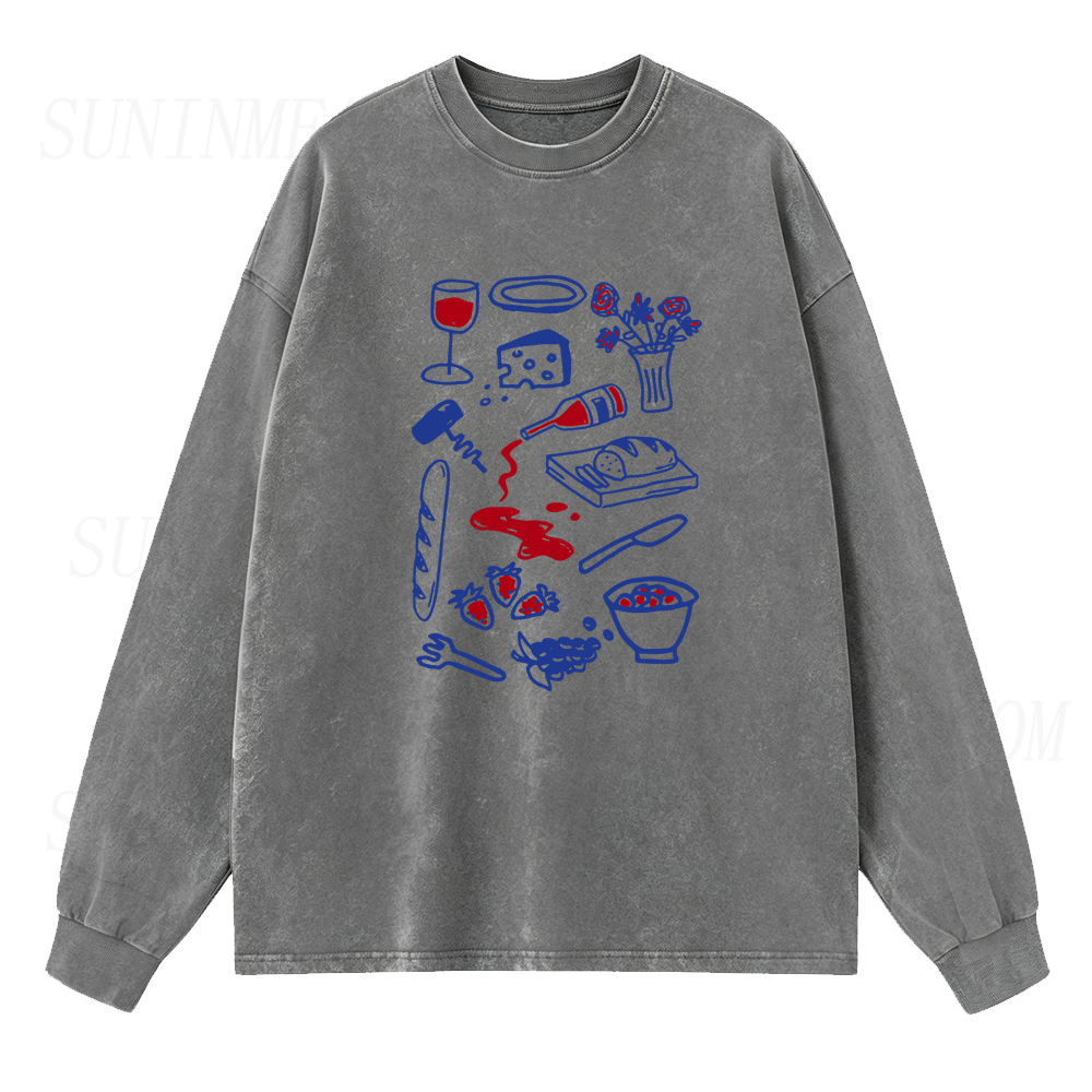 Wine Cheese Baguette and Fruits Long Sleeve Unisex Tee