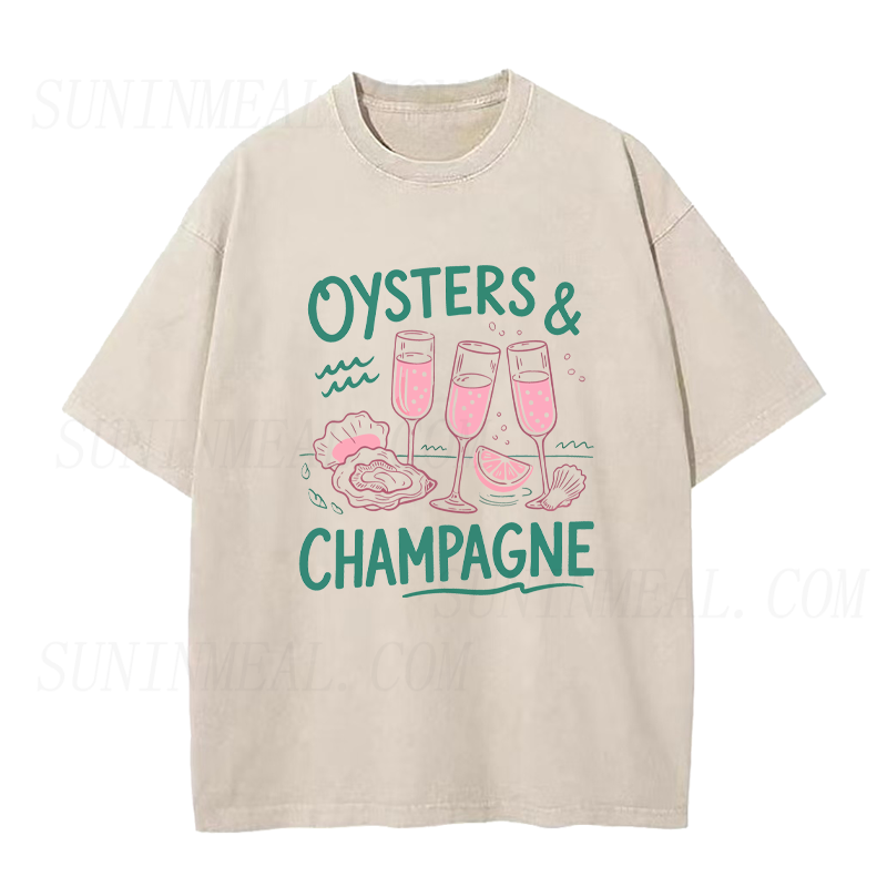 Beige t-shirt with 'Oysters & Champagne' graphic design on a white background