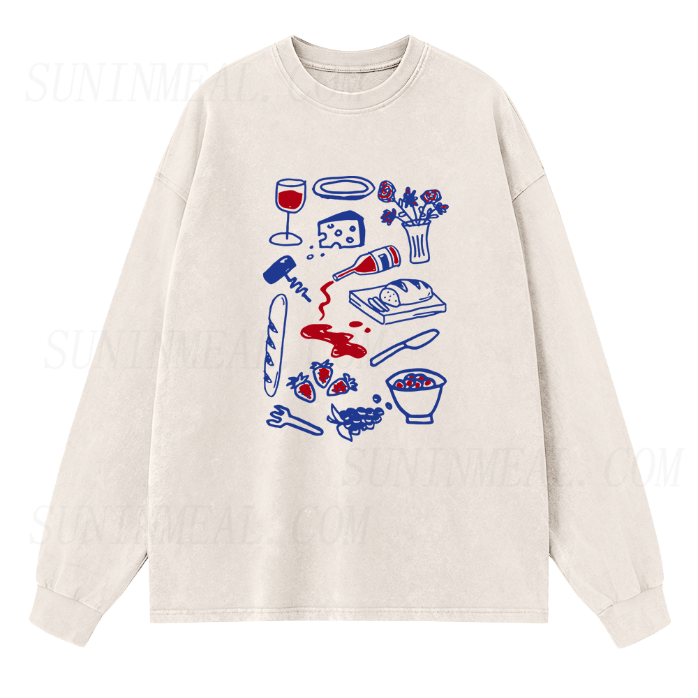 Wine Cheese Baguette and Fruits Long Sleeve Unisex Tee