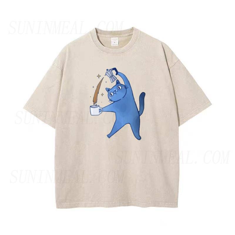 ブルーコーヒーキャットユニセックスTシャツ