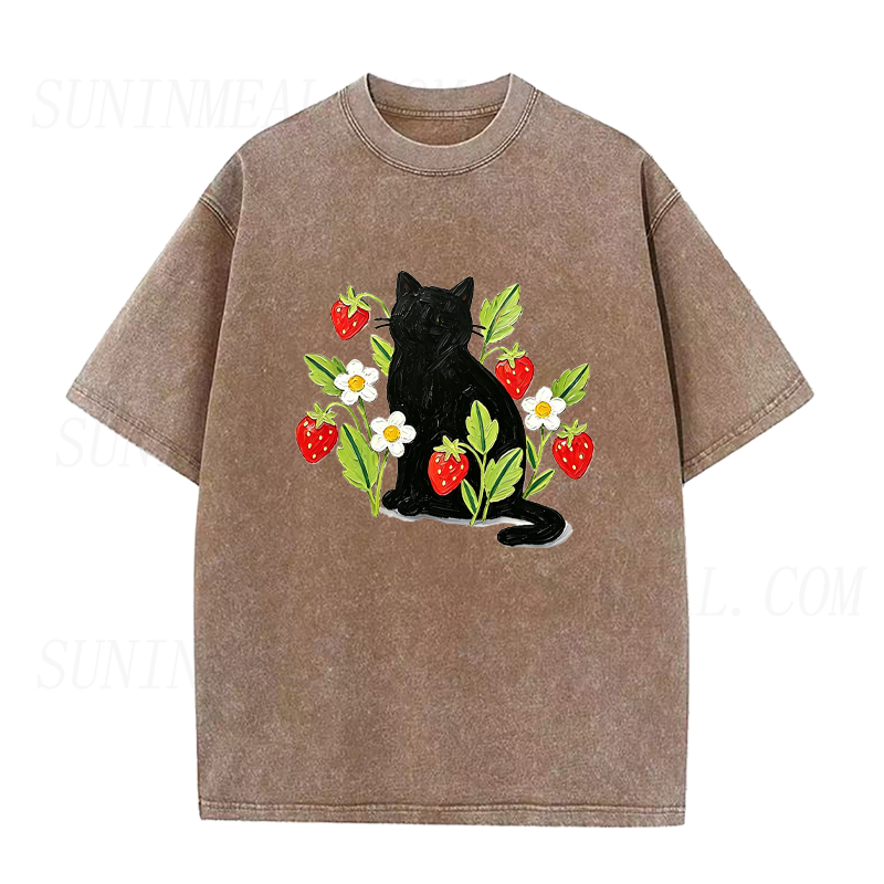 Black Cat with Strawberries and Flowers Unisex Tee