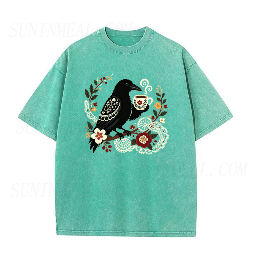 Crow with Vintage Coffee Cup Unisex Tee