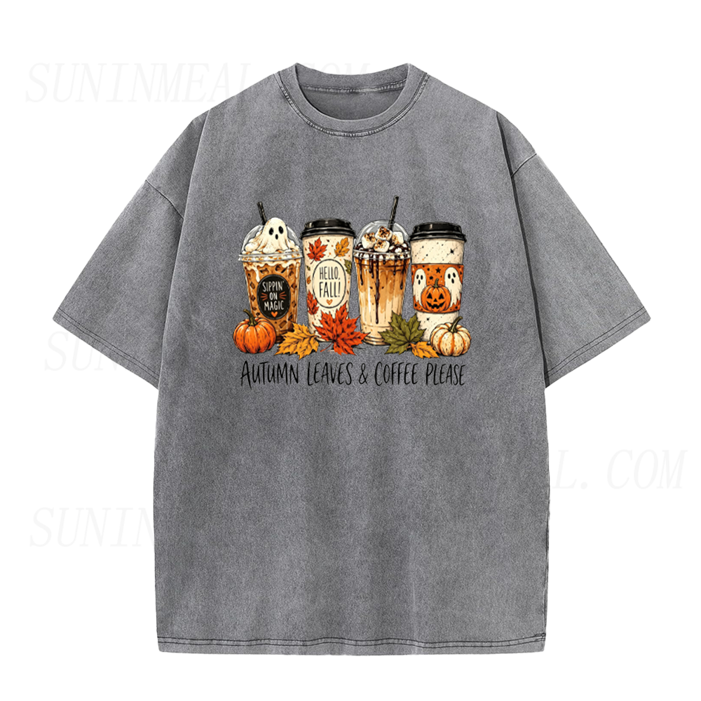 Autumn Leaves & Coffee Please Fall Halloween Unisex Tee
