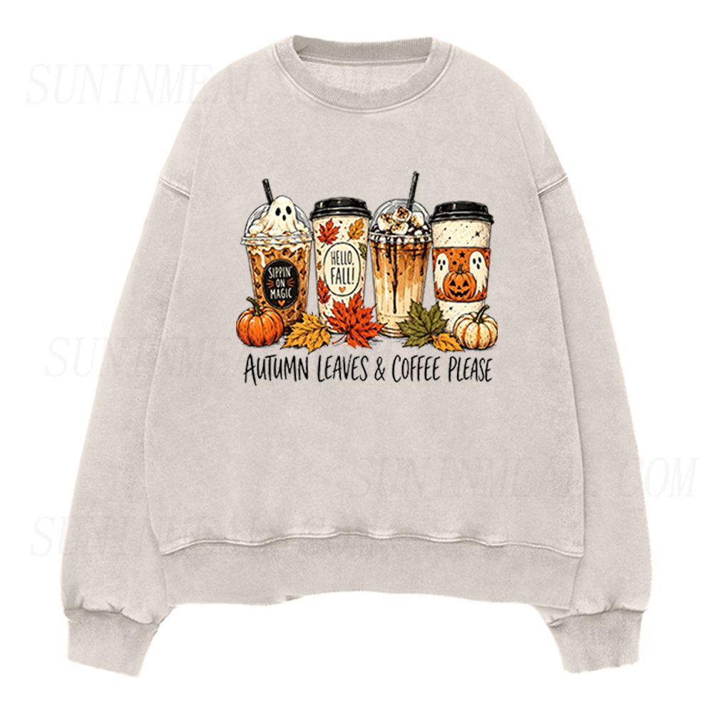 Autumn Leaves & Coffee Please Fall Halloween Unisex Crewneck Sweatshirt