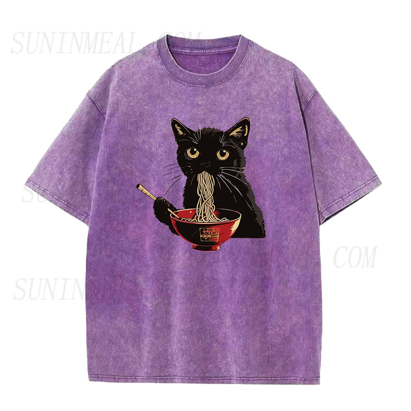 Cute Black Cat Eating Ramen Unisex Tee