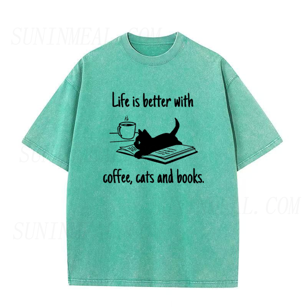 Life Is Better With Coffee Cats And Books Unisex Tee