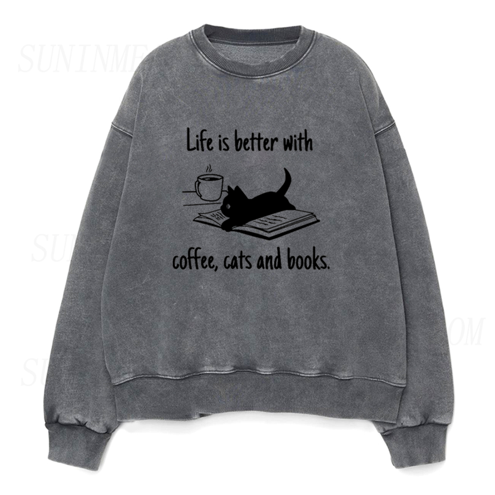 Life Is Better With Coffee Cats And Books Unisex Crewneck Sweatshirt