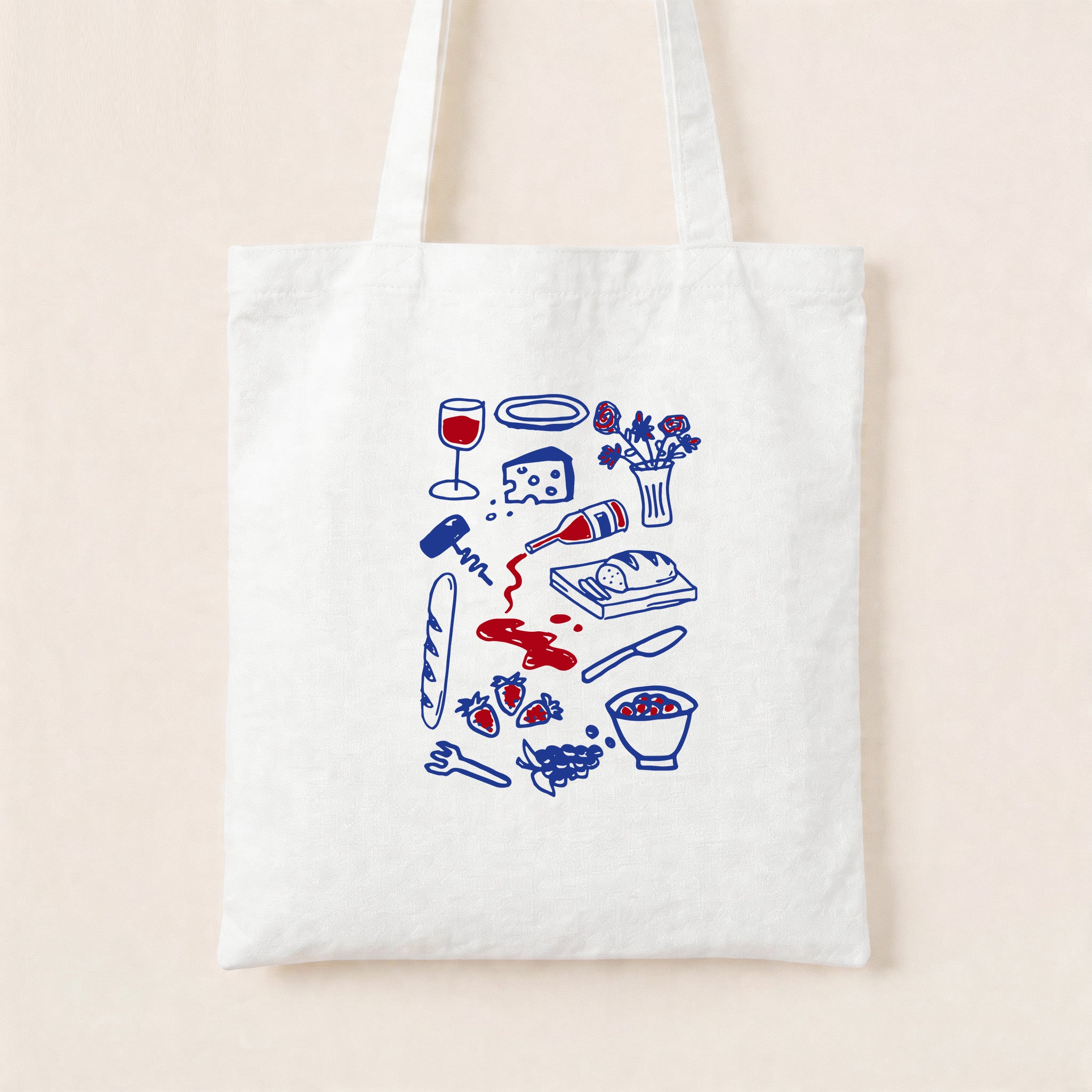 Wine Cheese Baguette and Fruits Canvas Tote Bag