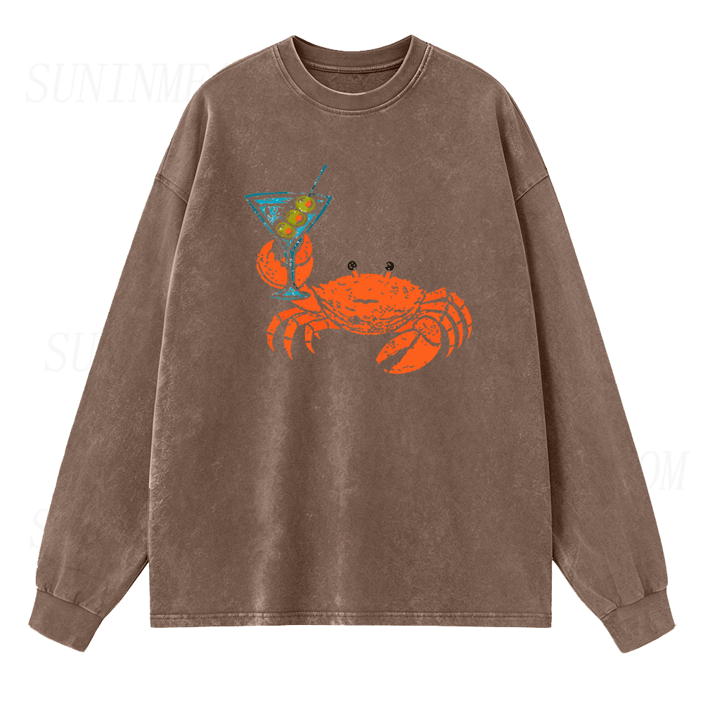 Funny Crab Holding Cocktail Long Sleeve Unisex Tee