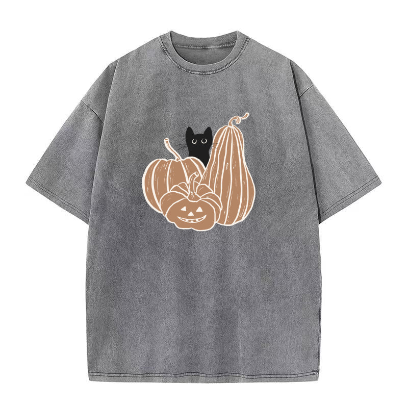 ハロウィン猫とカボチャのユニセックスTシャツ
