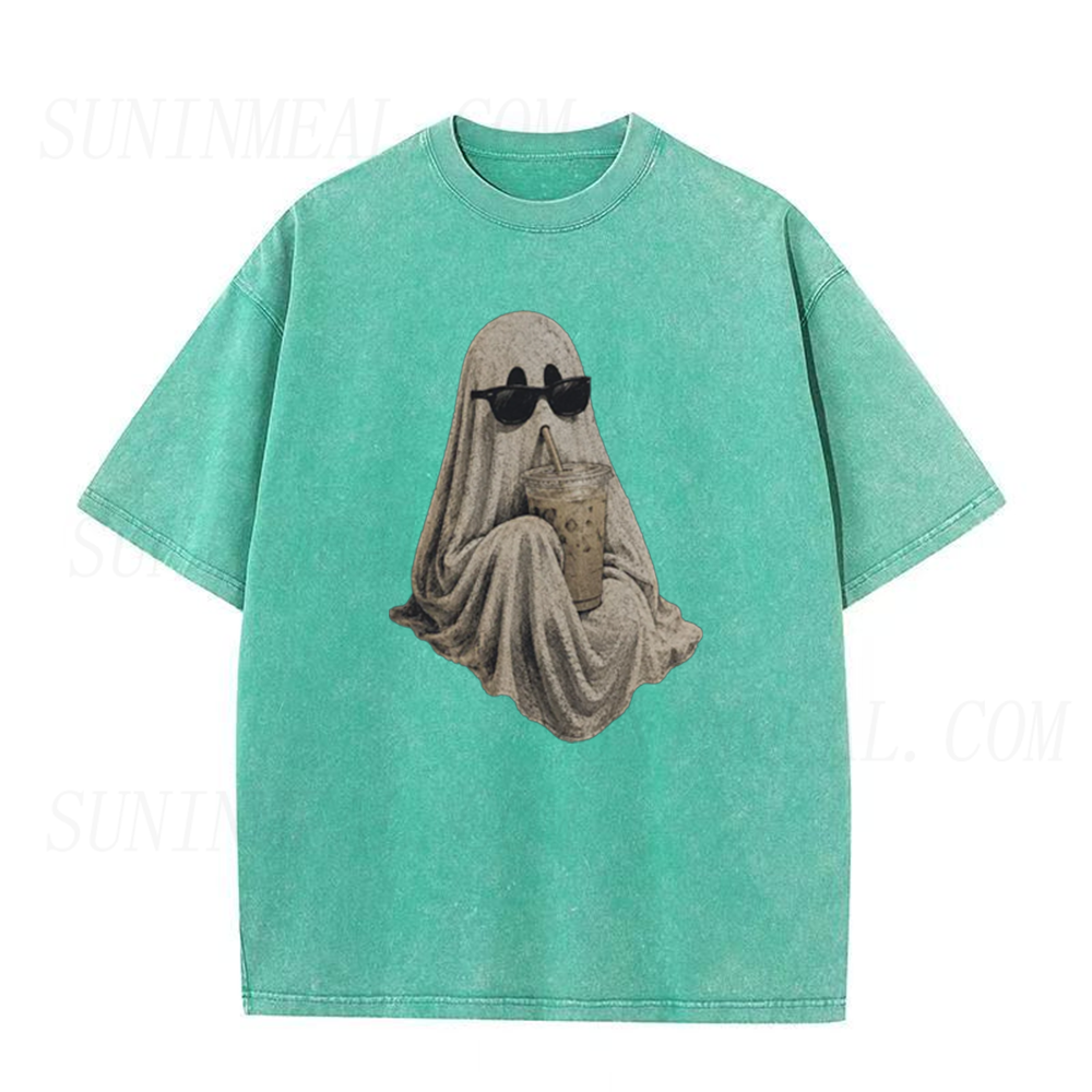 Ghost Drinking Coffee Halloween Unisex Tee