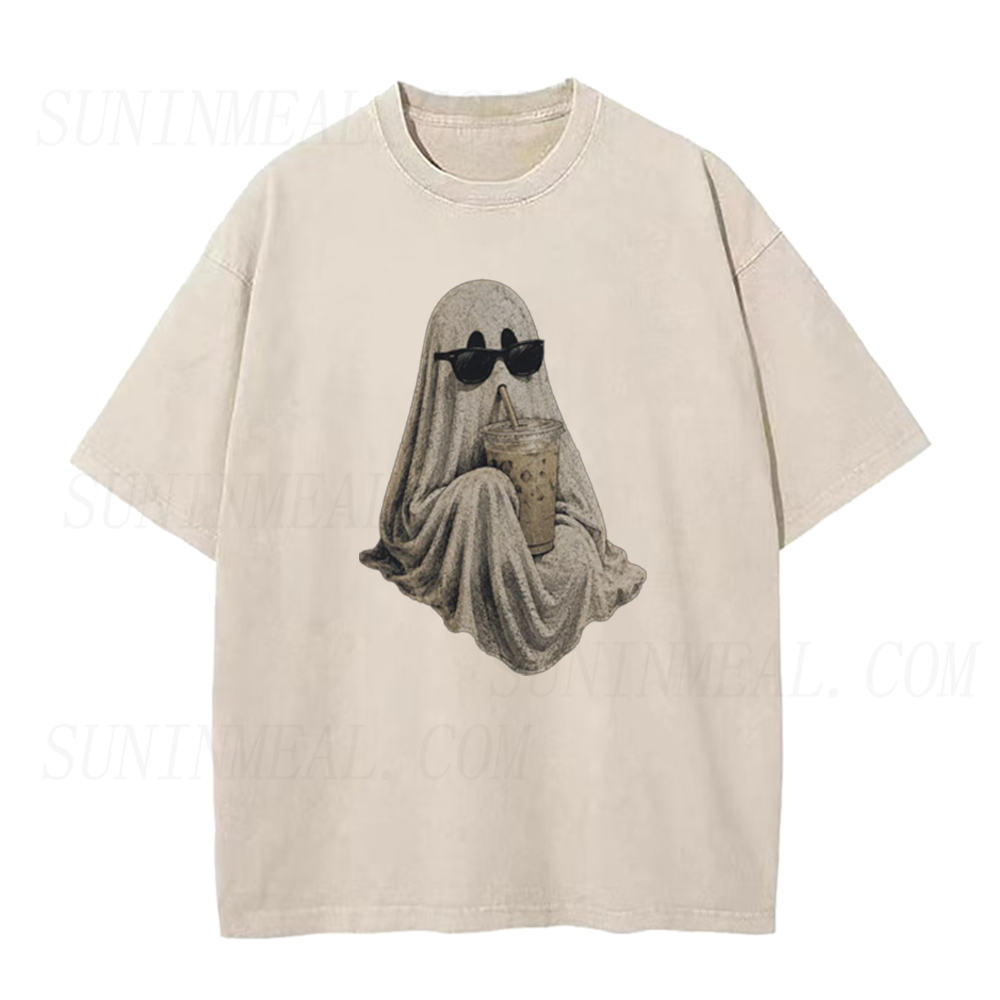 Ghost Drinking Coffee Halloween Unisex Tee