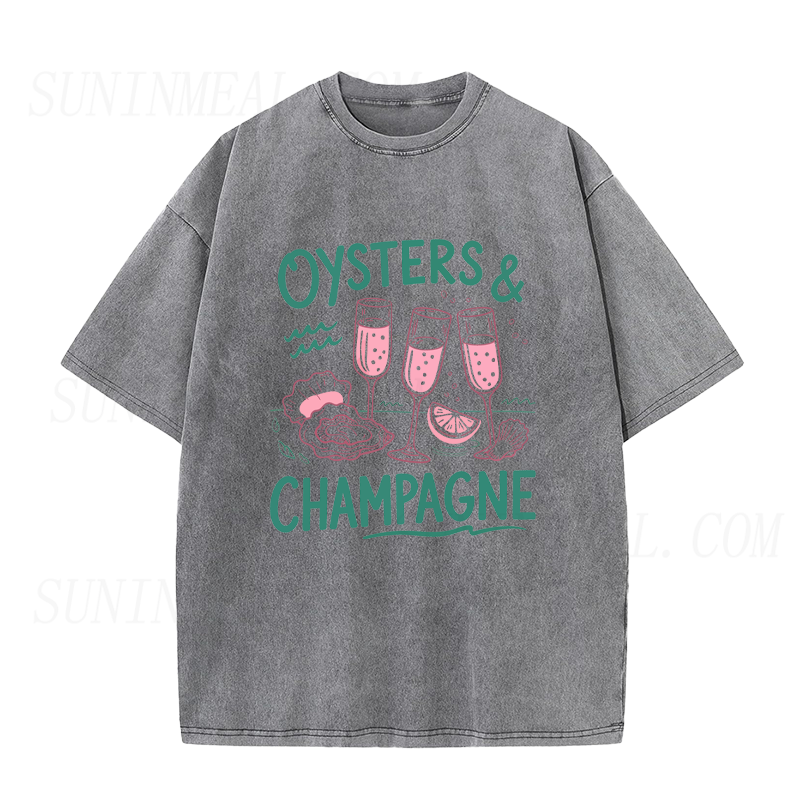 Gray t-shirt with 'Oysters & Champagne' text and graphics on a white background