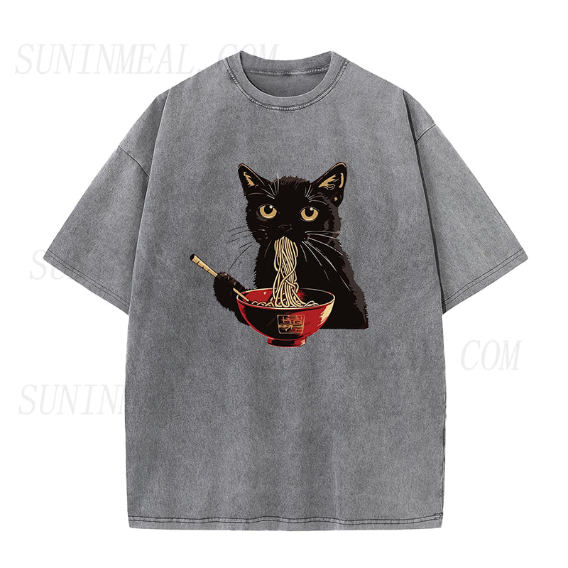Cute Black Cat Eating Ramen Unisex Tee