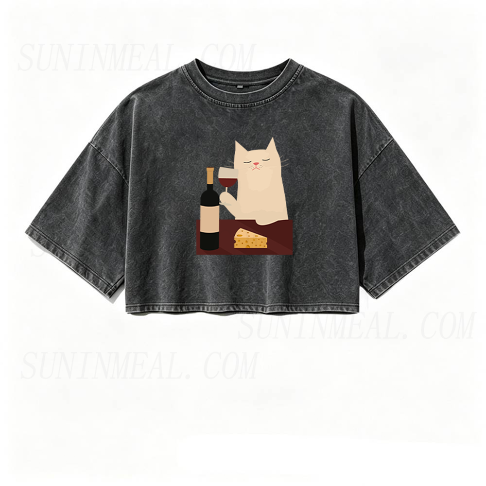 White Cat Wine Oversized Crop Tee