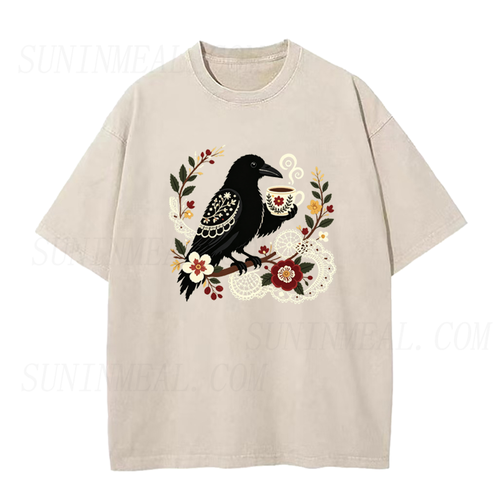Crow with Vintage Coffee Cup Unisex Tee