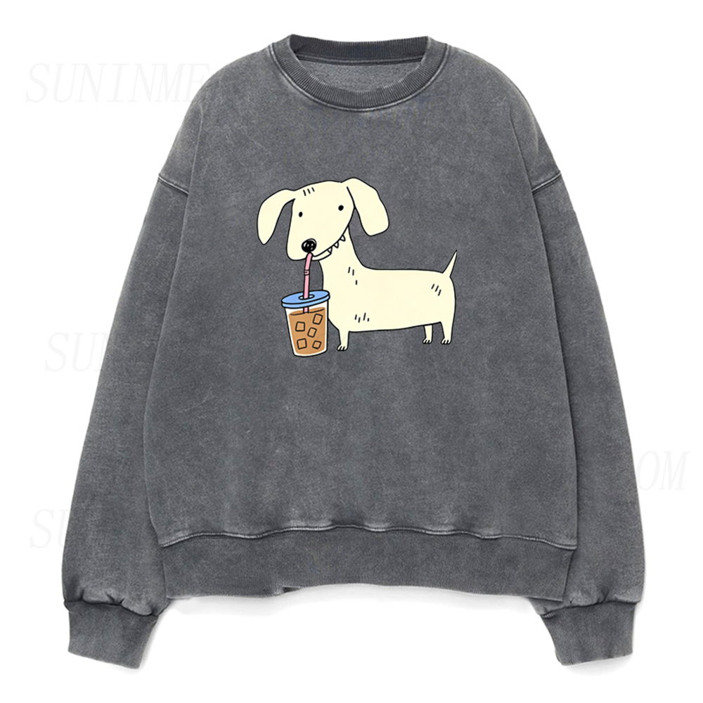Dachshund Drinking Iced Coffee Unisex Crewneck Sweatshirt