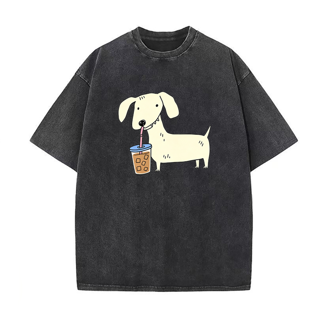 Dachshund Drinking Iced Coffee Unisex Tee