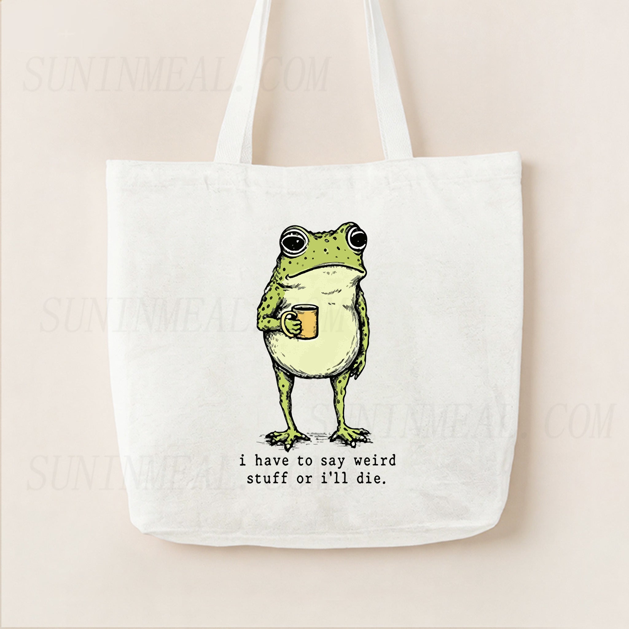 I Have to Say Weird Stuff Or I'll Die Frog Drinking Coffee Canvas Tote Bag