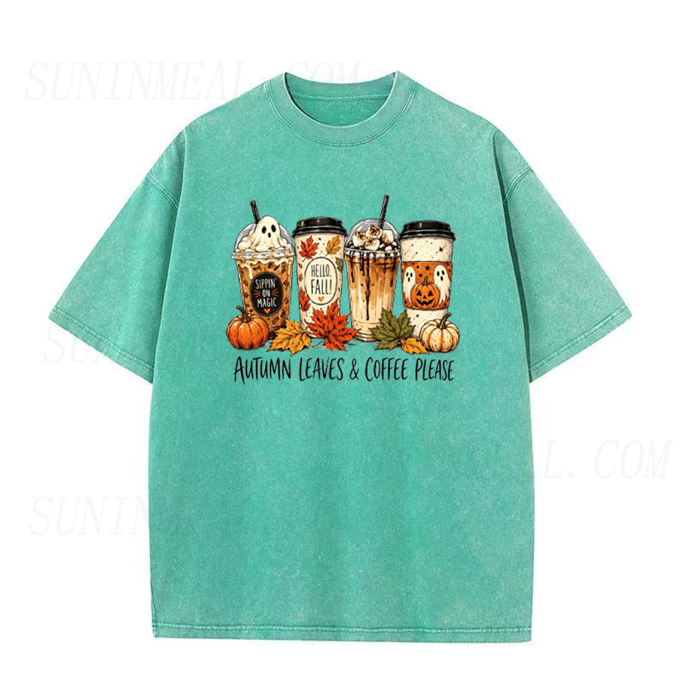 Autumn Leaves & Coffee Please Fall Halloween Unisex Tee