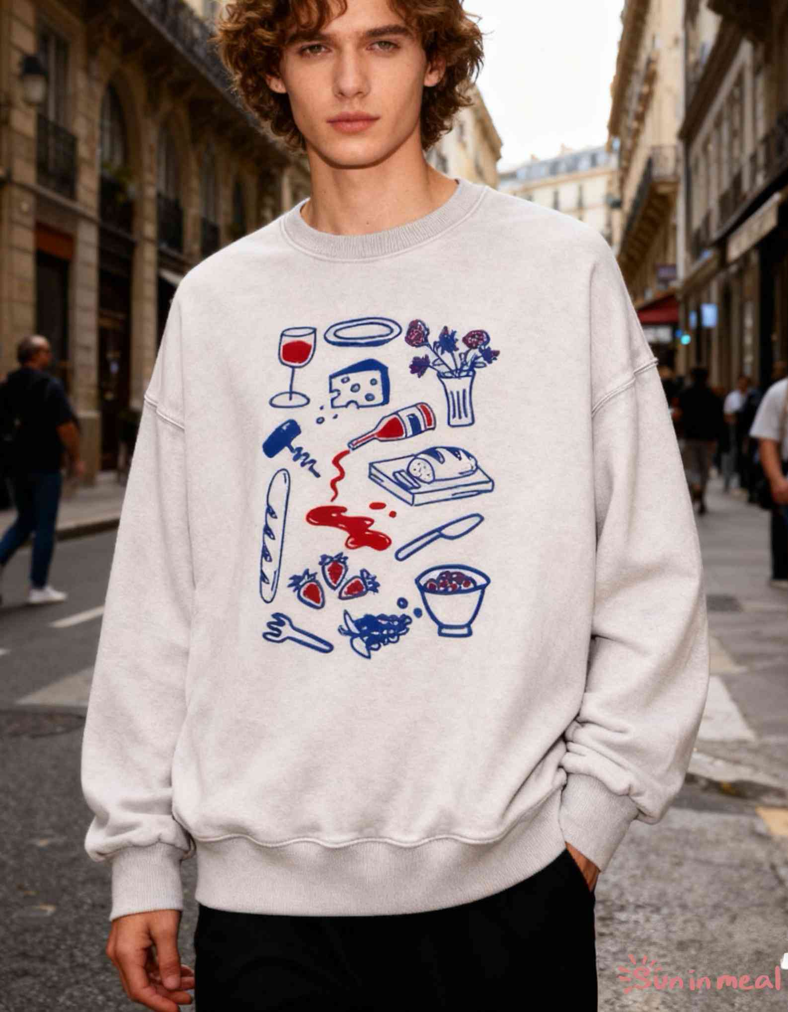 Wine Cheese Baguette and Fruits Unisex Crewneck Sweatshirt