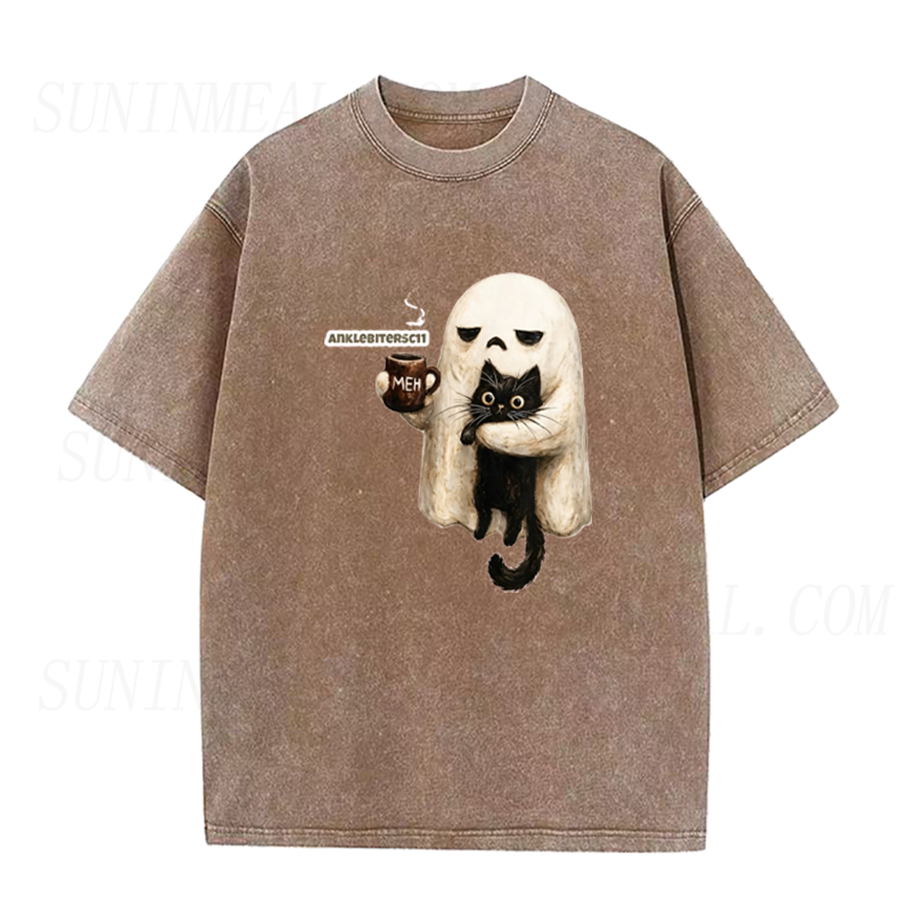 Ghost Black Cat Coffee Halloween Unisex Tee