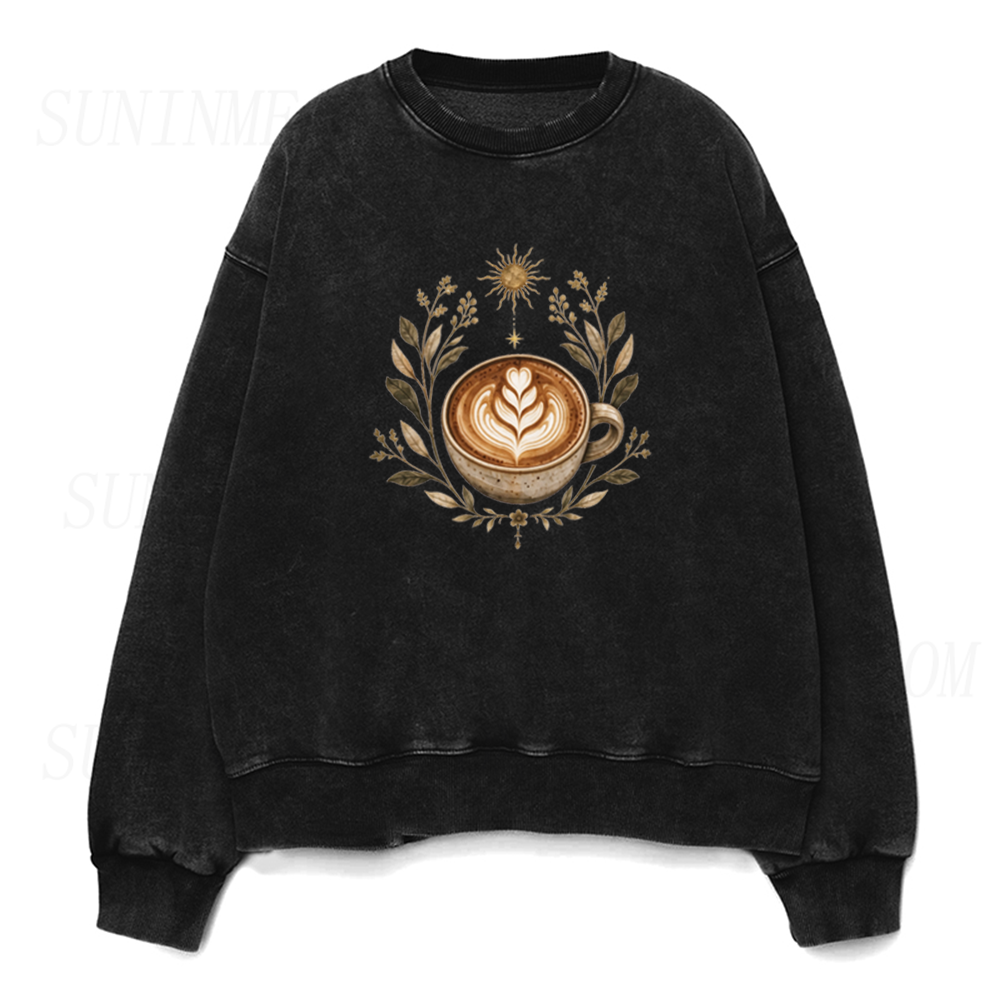 Vintage Floral Sun Coffee Cup Graphic Unisex Crewneck Sweatshirt