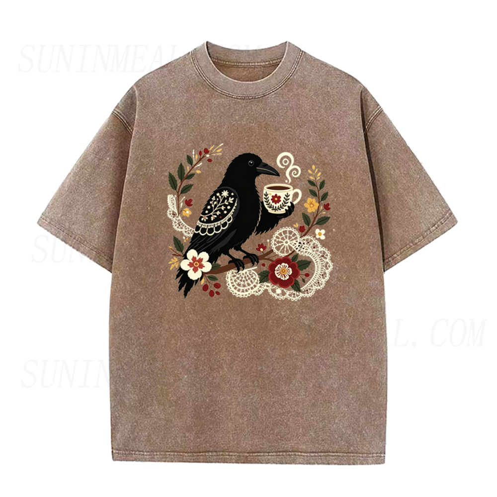 Crow with Vintage Coffee Cup Unisex Tee