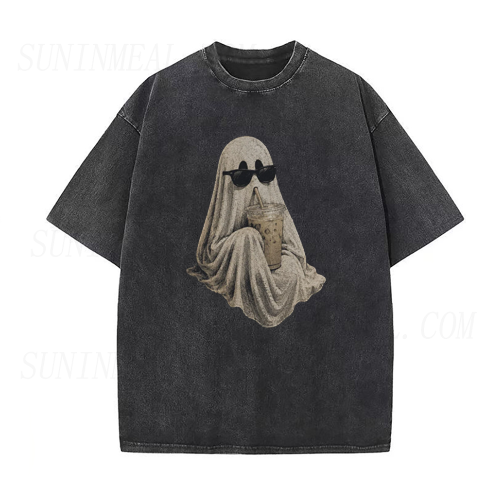Ghost Drinking Coffee Halloween Unisex Tee