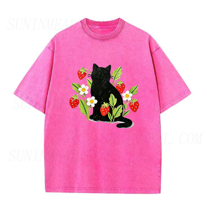 Black Cat with Strawberries and Flowers Unisex Tee